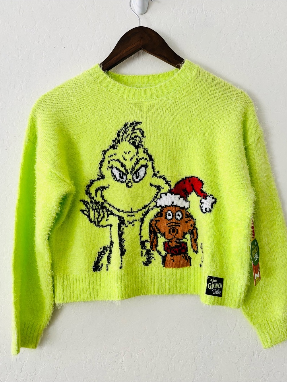 Justice x The Grinch Fuzzy Holiday Sweater in Neon Green Size Medium NWT